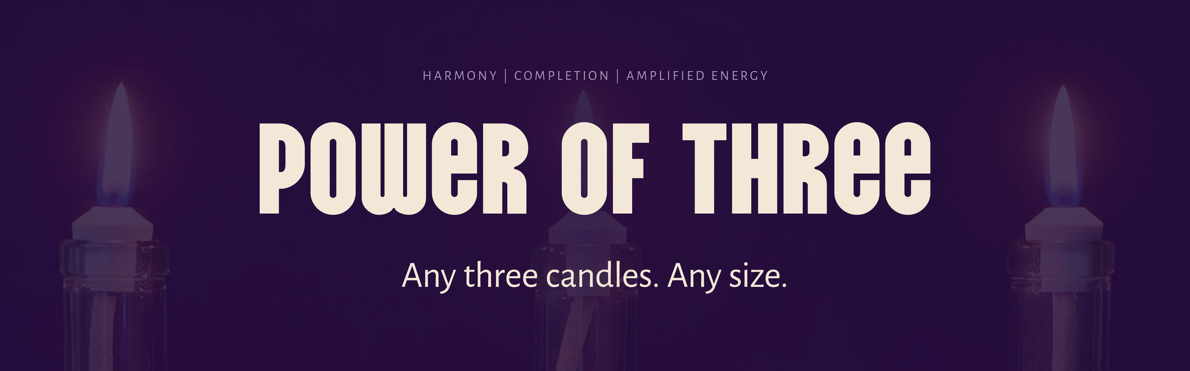 Power of Three candle bundle hero image featuring three lit Logos Candles, promoting a customizable bundle of any three candles in any size.
