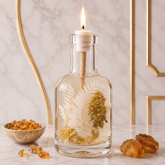 Glass bottle with botanical design and candle on a marble surface