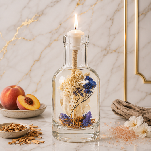 Glass bottle with dried flowers and a lit candle on a marble surface with peaches and herbs.