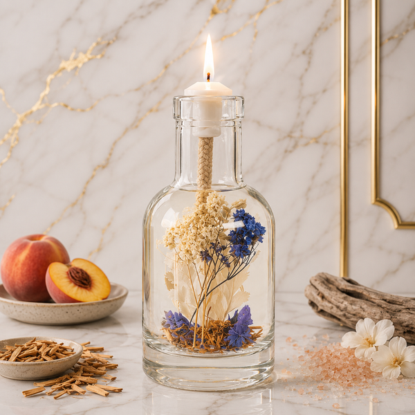 Glass bottle with dried flowers and a lit candle on a marble surface with peaches and herbs.