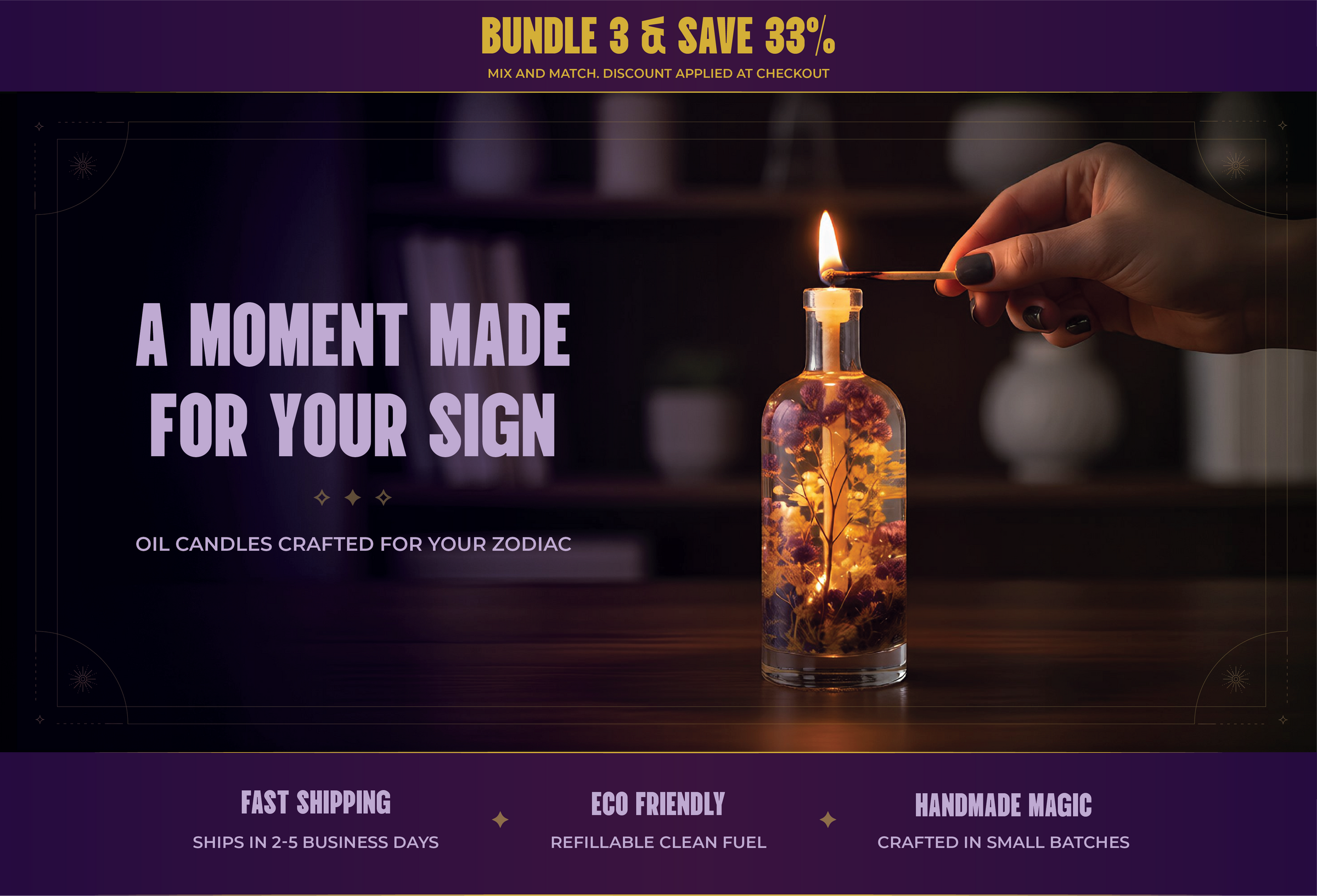 A hand lights a floral oil candle on a wooden table with a warm, moody background, alongside the text “A Moment Made for Your Sign – Oil candles crafted for your zodiac.”